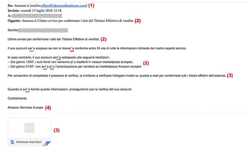 Tentativo di Phishing per venditori Amazon