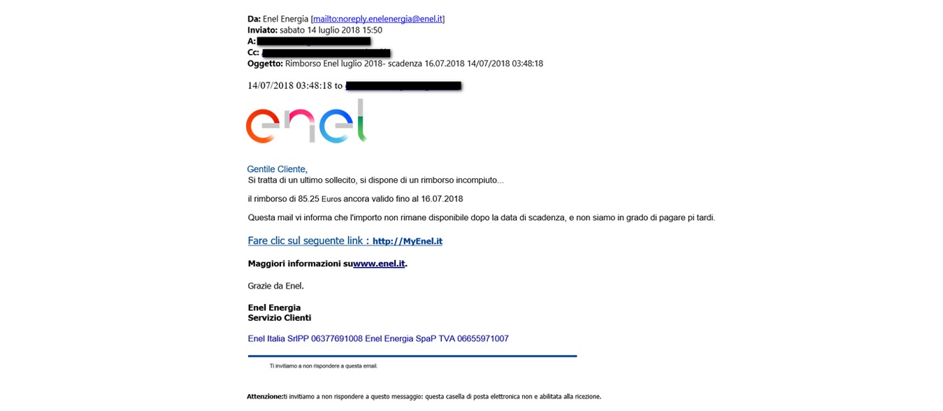 Mail rimborso Enel