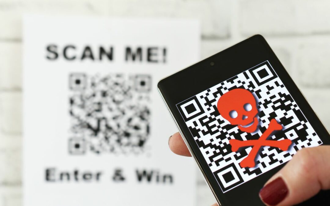 QR code scam concept - scanning a fraudulent QR code can lead to phishing websites or malware apps.