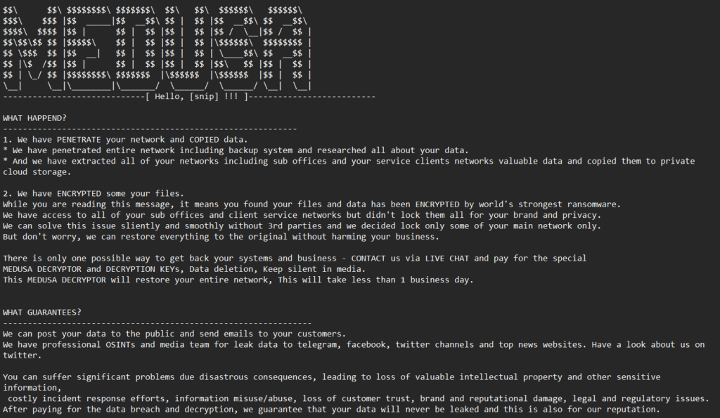 Una de las notas de rescate del «ransomware» Medusa (Fuente: ThreatLabz)